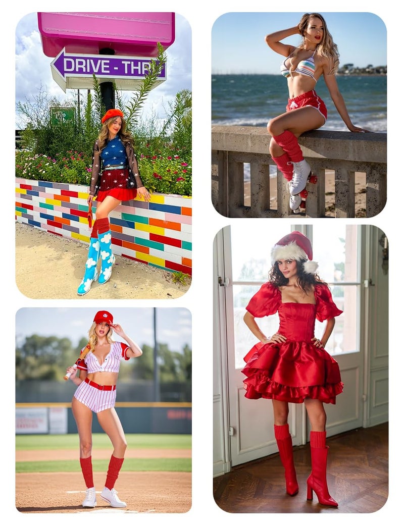 V28 Women Juniors 80s Eighty's Ribbed Leg Warmers for Party Sports (Red &) - Image 4